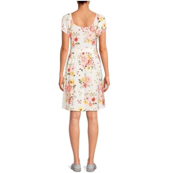 Women's Floral High-Low Dress XL Fairy Puff Sleeves Waist Tie White Pink Yellow - Picture 8 of 9